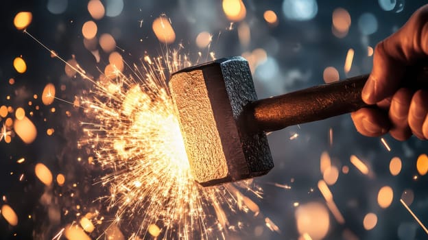 Bright sparks illuminate the workshop as a festive ornament is crafted for Christmas celebrations with a hammer and metal.