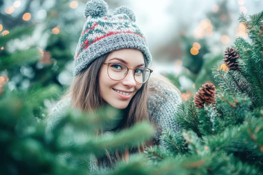 A young woman wearing a cozy hat enjoys the holiday season surrounded by Christmas trees with twinkling lights and pinecones.