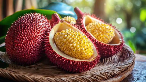 Colorful and exotic fruit is arranged on a woven plate surrounded by greenery symbolizing festive decoration during the holiday season.