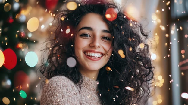 A cheerful woman with curly hair smiles radiantly surrounded by colorful Christmas lights and decorations capturing the joy of the season.