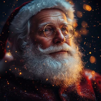 Santa Claus with a warm smile and twinkling eyes embodies the joy and magic of Christmas surrounded by gentle sparkles and a festive atmosphere.
