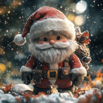 A delightful Santa figure stands amidst falling snow in a festive atmosphere evoking the joy of Christmas with a warm smile and a sack on his back.