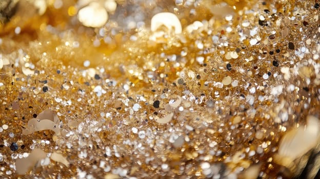 This close up shows sparkling gold and silver decorations perfect for festive Christmas celebrations and holiday decorating.