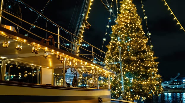 A boat adorned with lights is anchored beside a large sparkling Christmas tree at night. The vibrant decorations create a festive atmosphere.