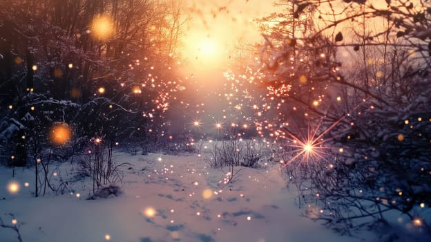 Snow covers the ground in a serene winter landscape as the sun sets creating a magical atmosphere with twinkling light reflections.