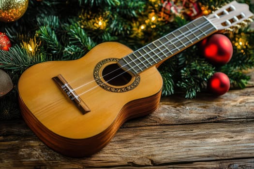 A ukulele placed on a wooden surface surrounded by Christmas ornaments and greenery creating a warm holiday atmosphere.