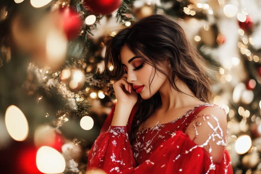 A woman in a festive red dress enjoys a peaceful moment near a beautifully decorated Christmas tree adorned with lights and ornaments.