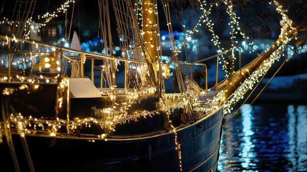 A beautifully adorned ship sparkles with festive lights reflecting on the water while celebrating the Christmas spirit at night.
