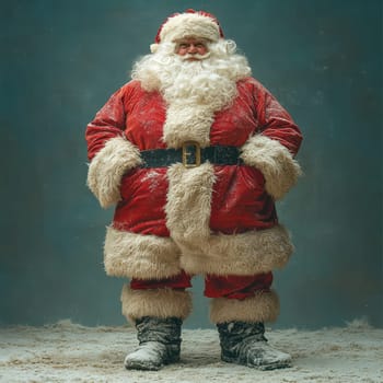 A cheerful Santa Claus stands confidently dressed in a traditional red suit with fluffy trim surrounded by a wintery atmosphere.