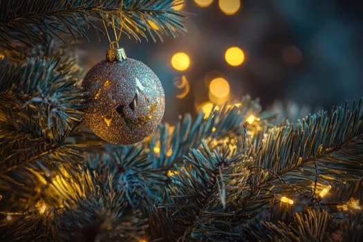 A sparkling ornament decorates a Christmas tree surrounded by warm glowing lights creating a festive atmosphere in a cozy setting.