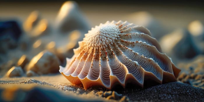 Closeup of a seashell on the shore - AI generated