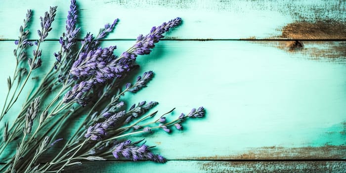 Lavender on turquoise wooden boards - AI generated