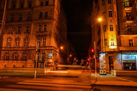 Street lights and buildings at the intersection. Shooting Location: Hungary, Budapest