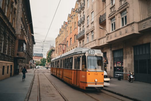 Hungarian tram and cityscape. Shooting Location: Hungary, Budapest
