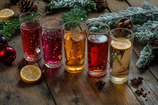 Colorful drinks with garnishes are lined up on a rustic wooden table surrounded by Christmas decorations and greenery evoking holiday cheer.