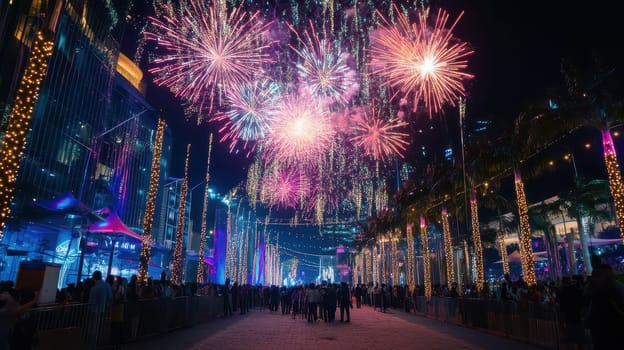 Colorful fireworks fill the night sky above a bustling street adorned with holiday lights and decorations creating a joyful atmosphere.