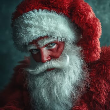 A festive character with a vibrant red suit and fluffy hat gazes intensely with white beard embodying the spirit of Christmas.
