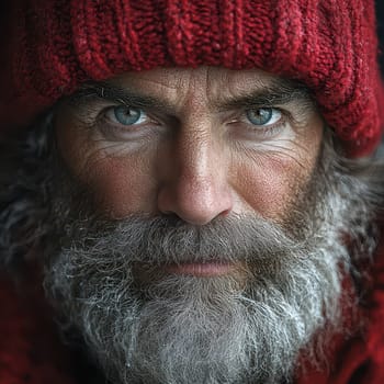 A man with striking blue eyes and a bushy beard wears a warm red knit hat exuding a festive spirit just before Christmas.