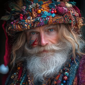A festive figure in colorful textiles and natural decor captures the Christmas spirit with vibrant charm and expression.