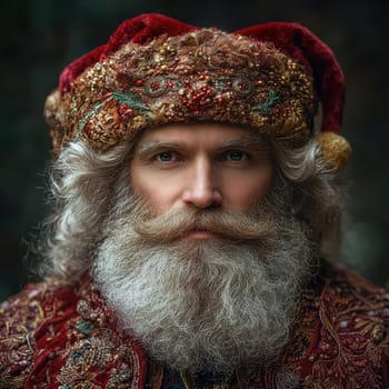 A festive character with a luxurious red and gold outfit and a long gray beard is portrayed embodying the spirit of Christmas.