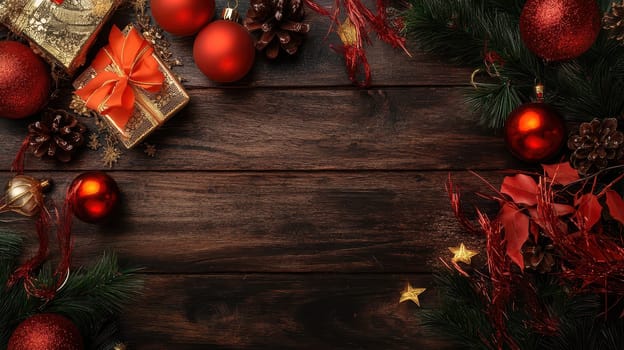 Red ornaments gifts and greenery create a joyful atmosphere for Christmas celebrations on a rustic wooden table.