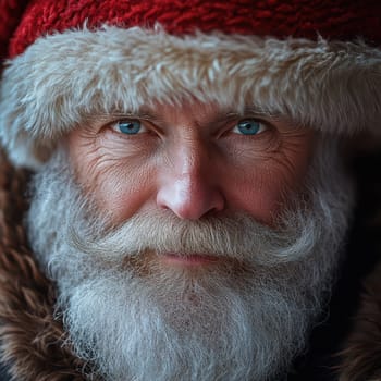 A cheerful old man wearing a red hat and festive attire gazes towards the camera embodying the spirit of Christmas joy and warmth.
