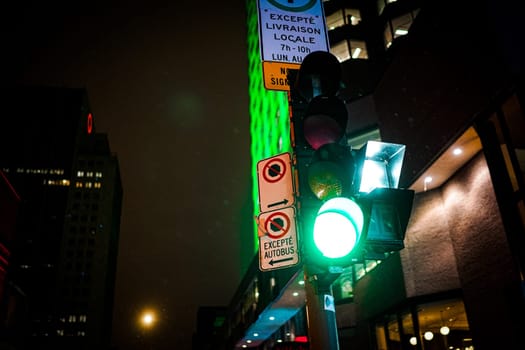 Signals and signs at night. Shooting Location: montreal, canada