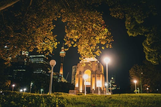 war memorial between trees. Shooting Location: sydney, australia