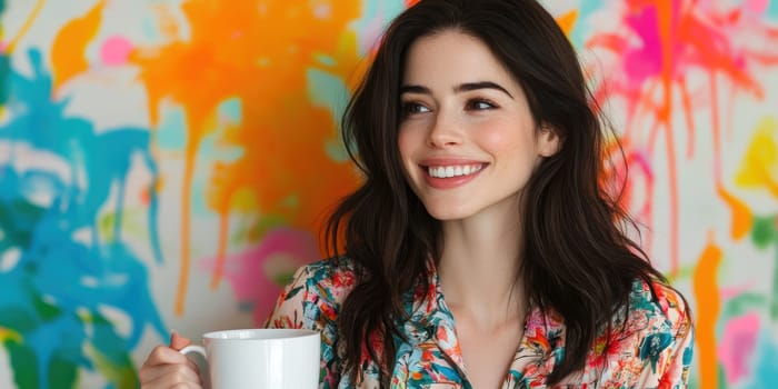 Smiling woman with white coffee mug in hand on pastel background. AI generative.