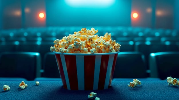 freshly popped popcorn in a cinema. AI generative.