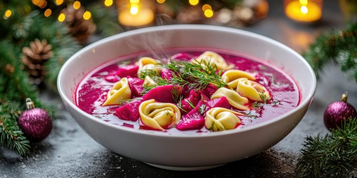 Polish Red Beetroot Borscht with ravioli on the Christmas Eve table AI generative