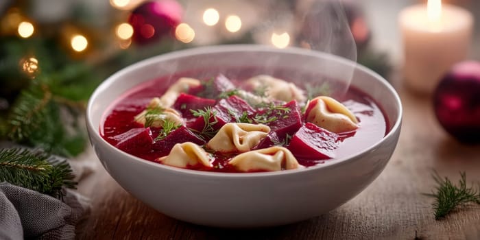Polish Red Beetroot Borscht with ravioli on the Christmas Eve table AI generative
