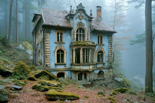 Photos of abandoned,ghostly buildings standing in the woods. AI generative.