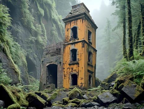 Photos of abandoned,ghostly buildings standing in the woods. AI generative.