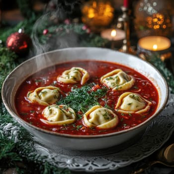 Polish Red Beetroot Borscht with ravioli on the Christmas Eve table AI generative