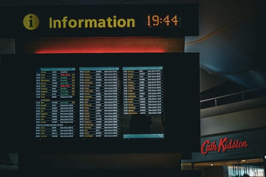 Airport departure information board (Heathrow Airport). Shooting Location: UK, London