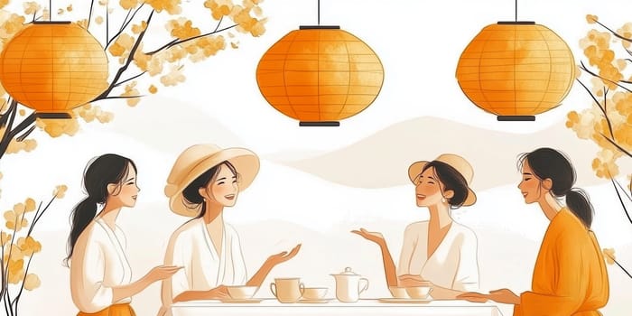modern tea garden talking women, simple illustration style. AI generative.