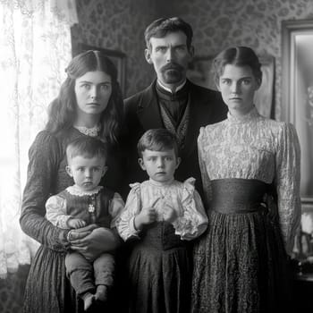 Victorian-era family posing for a formal portrait. AI generative.