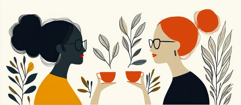 modern tea garden talking women, simple illustration style. AI generative.