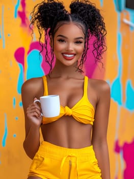 Smiling woman with white coffee mug in hand on pastel background. AI generative.