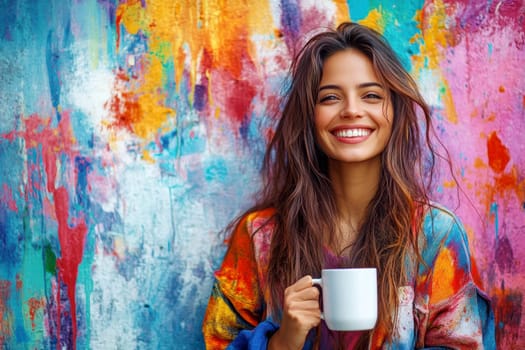 Smiling woman with white coffee mug in hand on pastel background. AI generative.