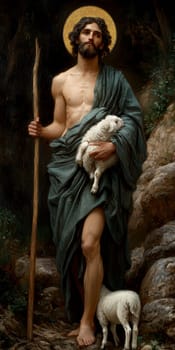 Saint John the Baptist, holding a shepherd's staff and holding a white lamb on one shoulder. AI generative.