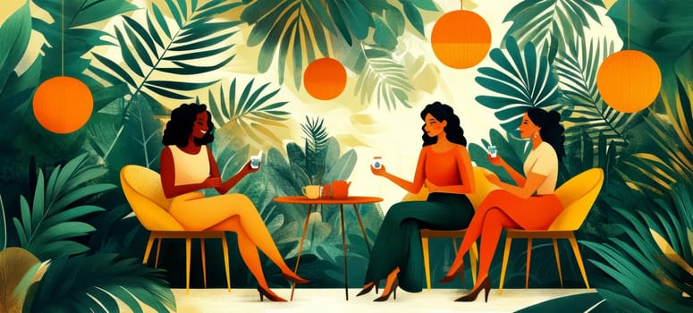 modern tea garden talking women, simple illustration style. AI generative.