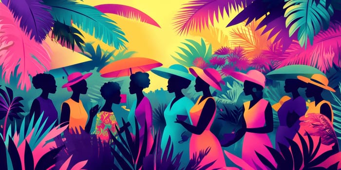 modern tea garden talking women, simple illustration style. AI generative.