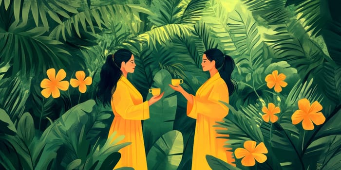 modern tea garden talking women, simple illustration style. AI generative.