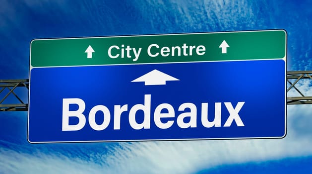 Road sign indicating direction to the city of Bordeaux, France.