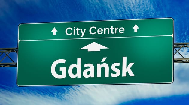 Road sign indicating direction to the city of Gdansk, Poland.