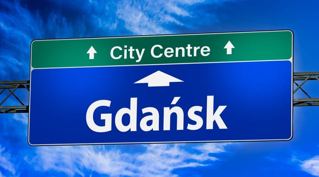 Road sign indicating direction to the city of Gdansk, Poland.