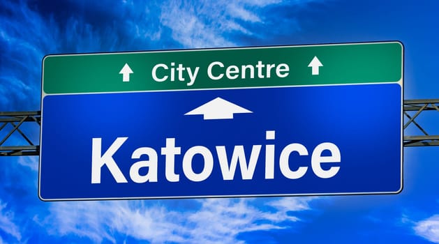 Road sign indicating direction to the city of Katowice, Poland.