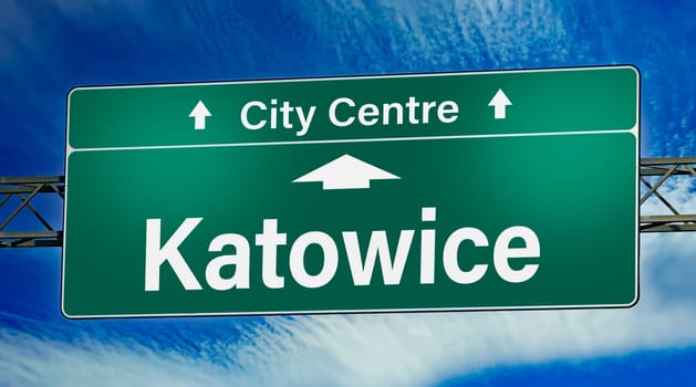 Road sign indicating direction to the city of Katowice, Poland.